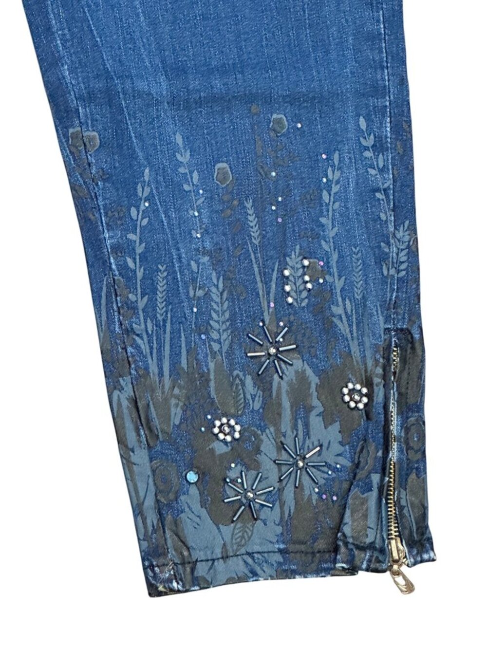 Adami Jacobis Denim Jeans With Floral Embroidered Hem & Rhinestone Accents - Picture 5 of 5